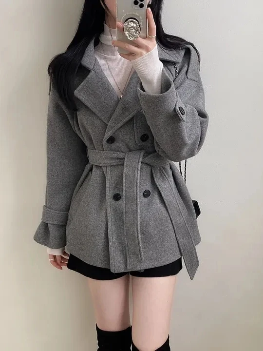 

Korean Sle Winter Woolen Coat Women's Vintage Briti Retro Double Button Belted Woolen Windbreaker Outerwear