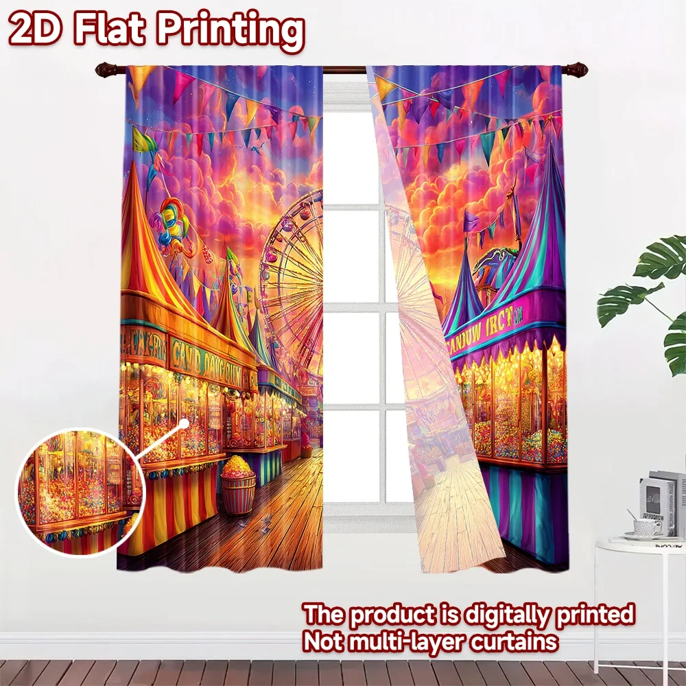 2D flat printing 2pcs Curtain Cotton Candy Carnival Ferris Wheel Fun Digital Printed Polyester Drapes Festive Curtains for
