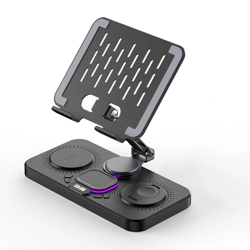 Metal Foldable Wireless Charger iPad Stand Station 15W Fast Charging or Phone iWatch AirPods Built-in Digital Clock  Ambient Lig