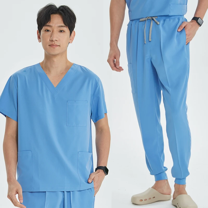 Ceil Blue Unisex Medical Uniforms 3 Pokects Top Jogger Pant Scrubs Operating Room Nursing Set Clinic Surgery Workwear Soft S21