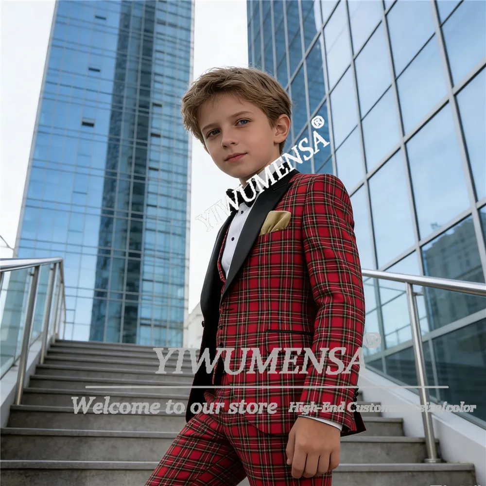 Classic Boy Suits For Wedding Black Peaked Label Plaid Jacket Vest Pants 3 Piece Sets Customized Children Formal Wear Tuxedos