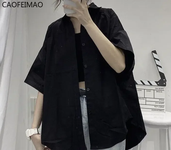 2025Shirts Women Short Sleeve Solid Harajuku Loose Vintage Ladies Tops All-match Summer Chic Stylish Basic Black Clothing Girls