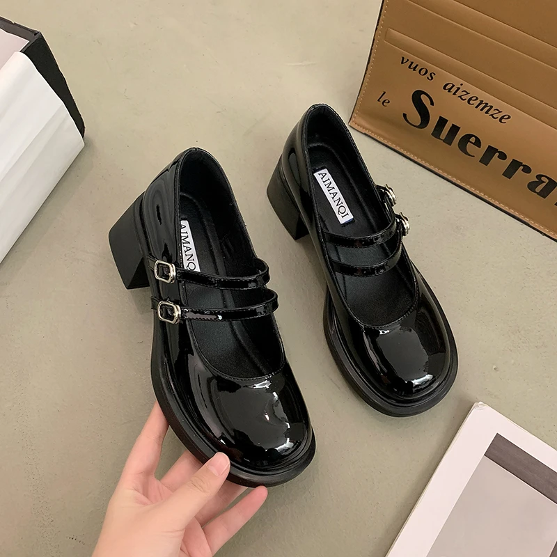 2025 winter women's shoes ladies high heels Casual Mary Janes black square toe design career and commuting Korean style 35-39