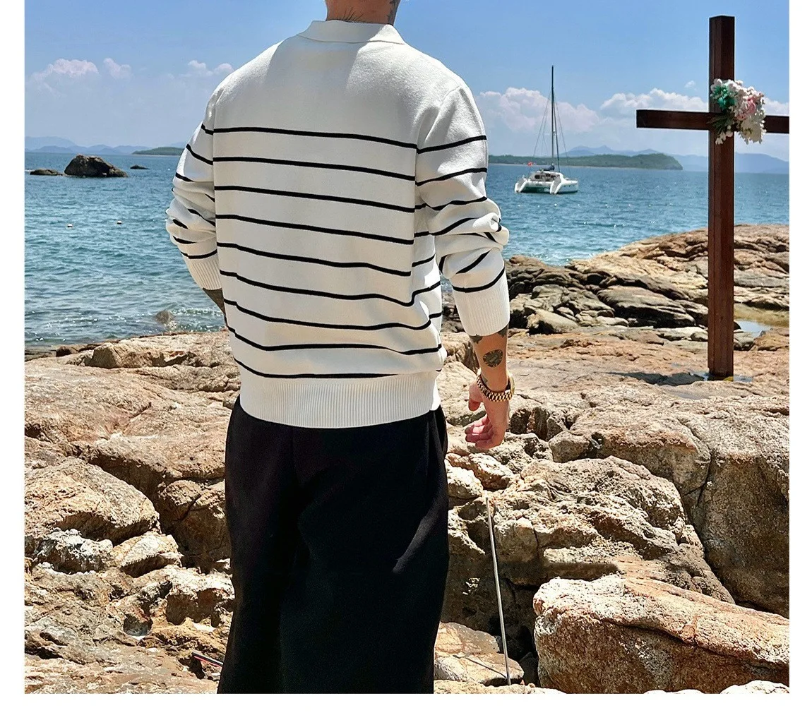 2025 outono inverno novos homens turn down collar listrado camisa polo manga longa preto branco cor bloco casual negócios topo