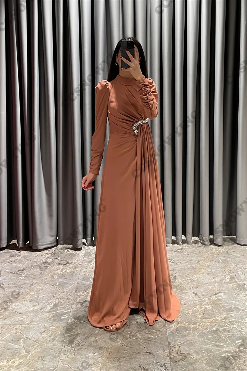 

Chiffon Beaded Long Sleeve Islamic Evening Dresses High Neck Muslim Formal Party Gown Hijab Women Arabric Kaftan Robe De Soiree