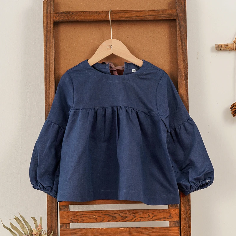 Retro Cotton Linen Girls Long-Sleeved T-shirt 2026 Autumn New Cute Ribbon Bow Back Tie Loose Baby Girl Doll Shirts Blouse