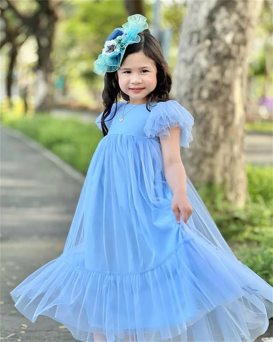 Sukienki dla dziewczynek na wesele, na przyjęcie, z tiulu, proste, warstwowe, z dzwonkowymi rękawami, w kształcie litery A, długie, na urodziny, spotkanie rodzinne, suknia wieczorowa.