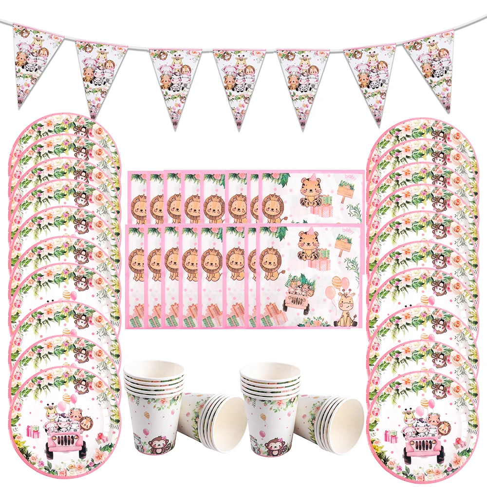 Jungle Safari Party Disposable Tableware Pink Jungle Animal Paper Plate Cup Napkin Banner Kid Girl Wild one Birthday Party Decor