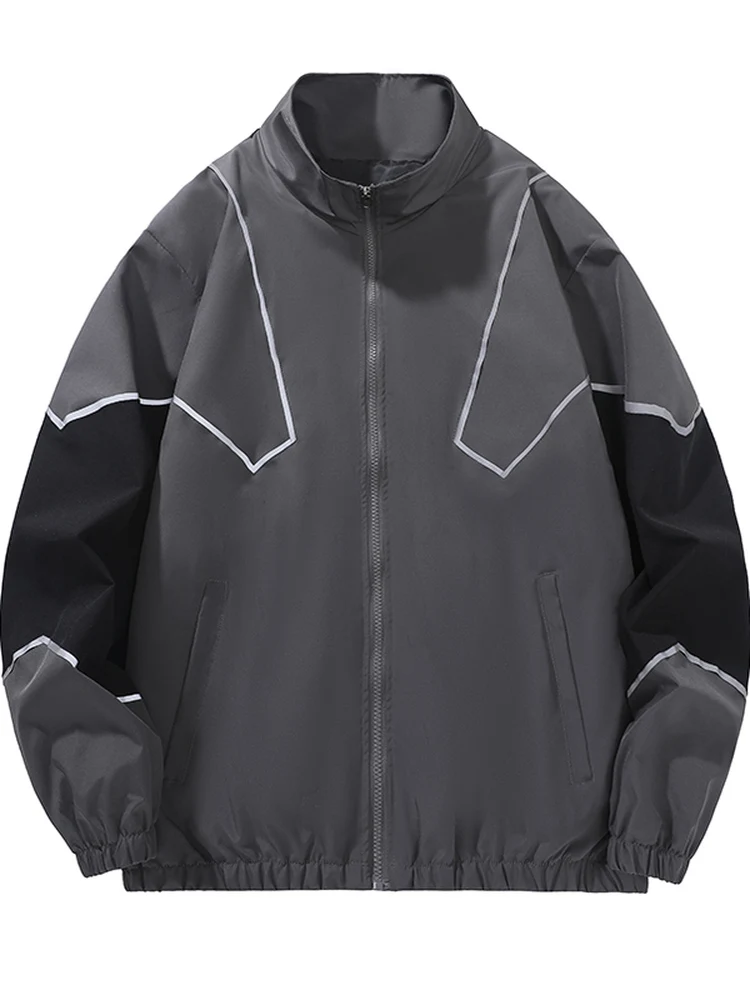 

Спор контрастного цвета, джет с воротником-стойкой, мужская повседневная уличная ветровка со светоотражающими полосками, верхняя одежда для пар