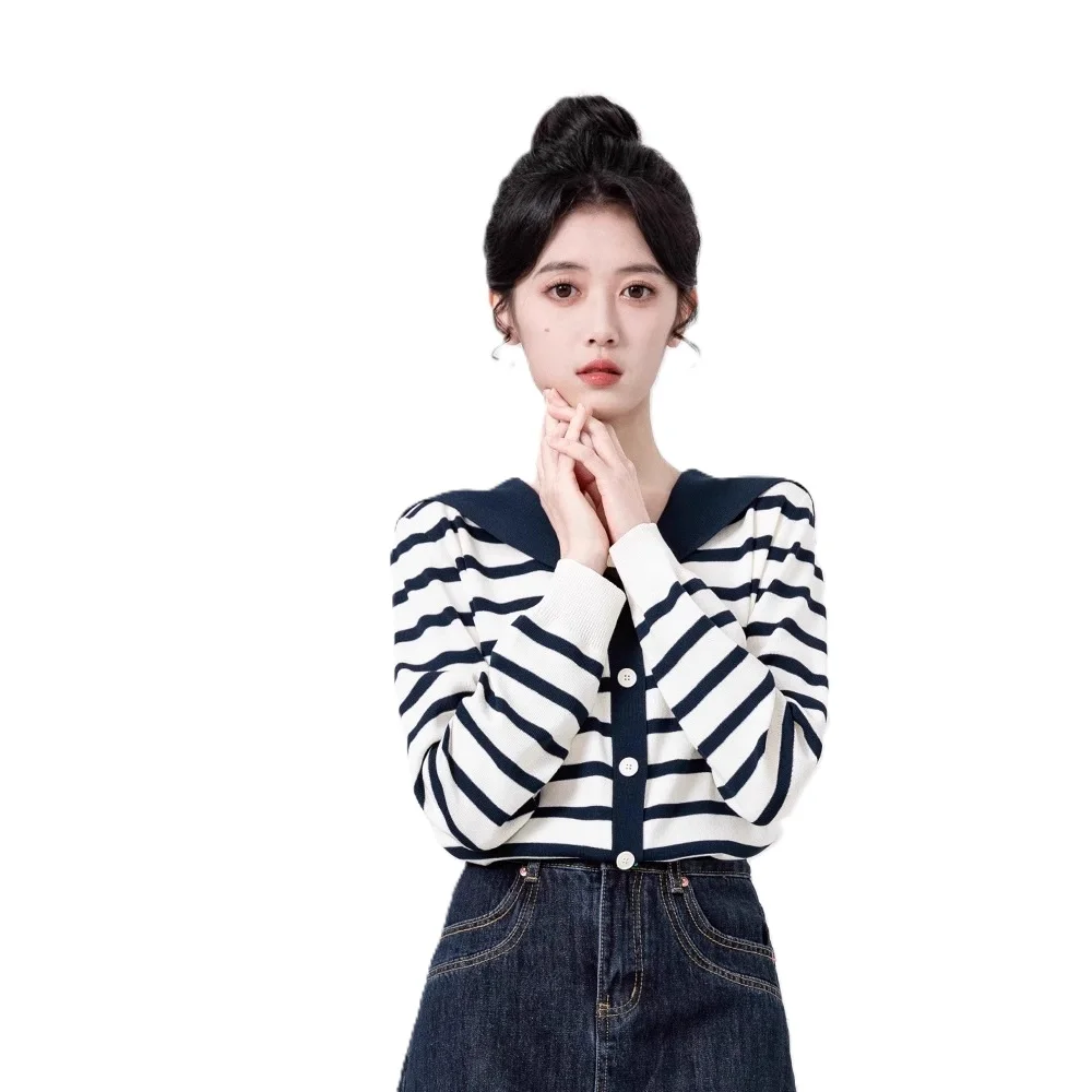 

Осенний женский вязаный кардиган с длинным рукавом и темно-синим воротником, открытый вязаный кардиган с длинными рукавами, топ с цветными блоками, женский свитер