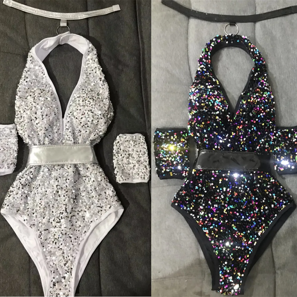 

Sexy Backless Halter Sequin Bodysuit Nightclub Bar DJ Singer Team Stage Costume Pole Dance Leotard Performance Party Rave Outfit