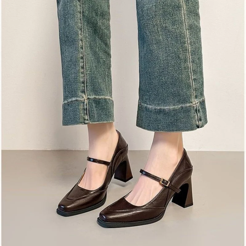 Women's Retro Square Toe Mary Jane Pumps - Shallow Cut One Strap Chunky Heel High Heels,  Elegant Commuter Single Shoes