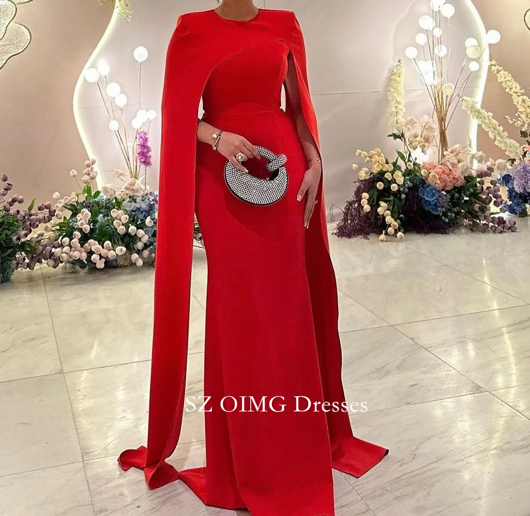 

OIMG Vintage O-Neck Satin Women Ruched Sheath Red Prom Dresses with Full Cape Sleeves Evening Gowns 2023 Formal Party Dress