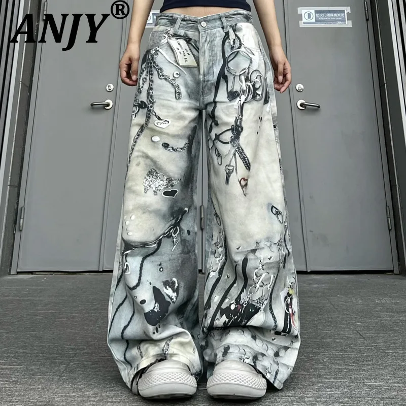

ANJY Spring Autumn New Women Tide Streetwear 3D Digital Print Wide-Leg Jeans Trendy Fashion Loose Casual Y2K Denim Pants A21829