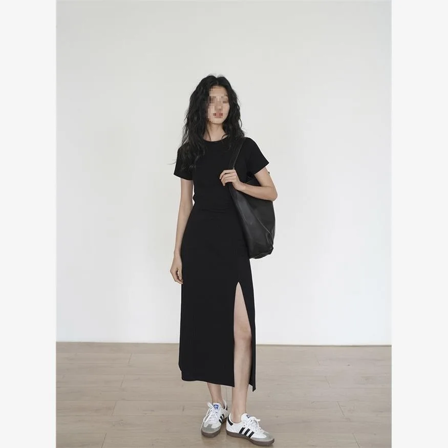 Black Asymmetrical Hem round Neck Short Sleeve Dress Women's Summer Slim Fit Elegant Dress A-Line Skirt Stylish Design