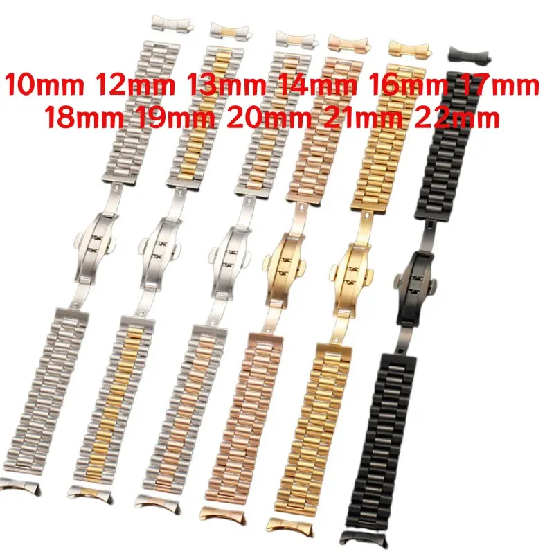 Stainless Steel President Watch Band 16mm 18mm 19mm 20mm 21mm 22mm Silver Gold Black Straight Curved End Watch Strap