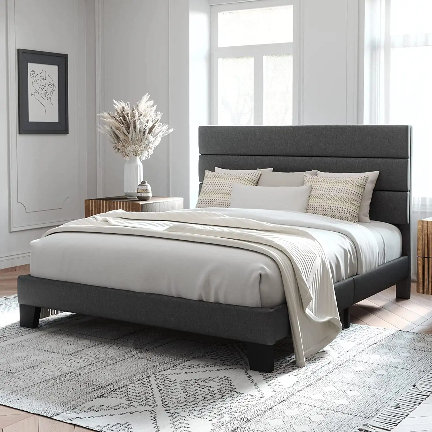 Allewie Full Size Platform Bed Frame with Fabric Upholstered Headboard, No Box Spring Needed, Dark Grey