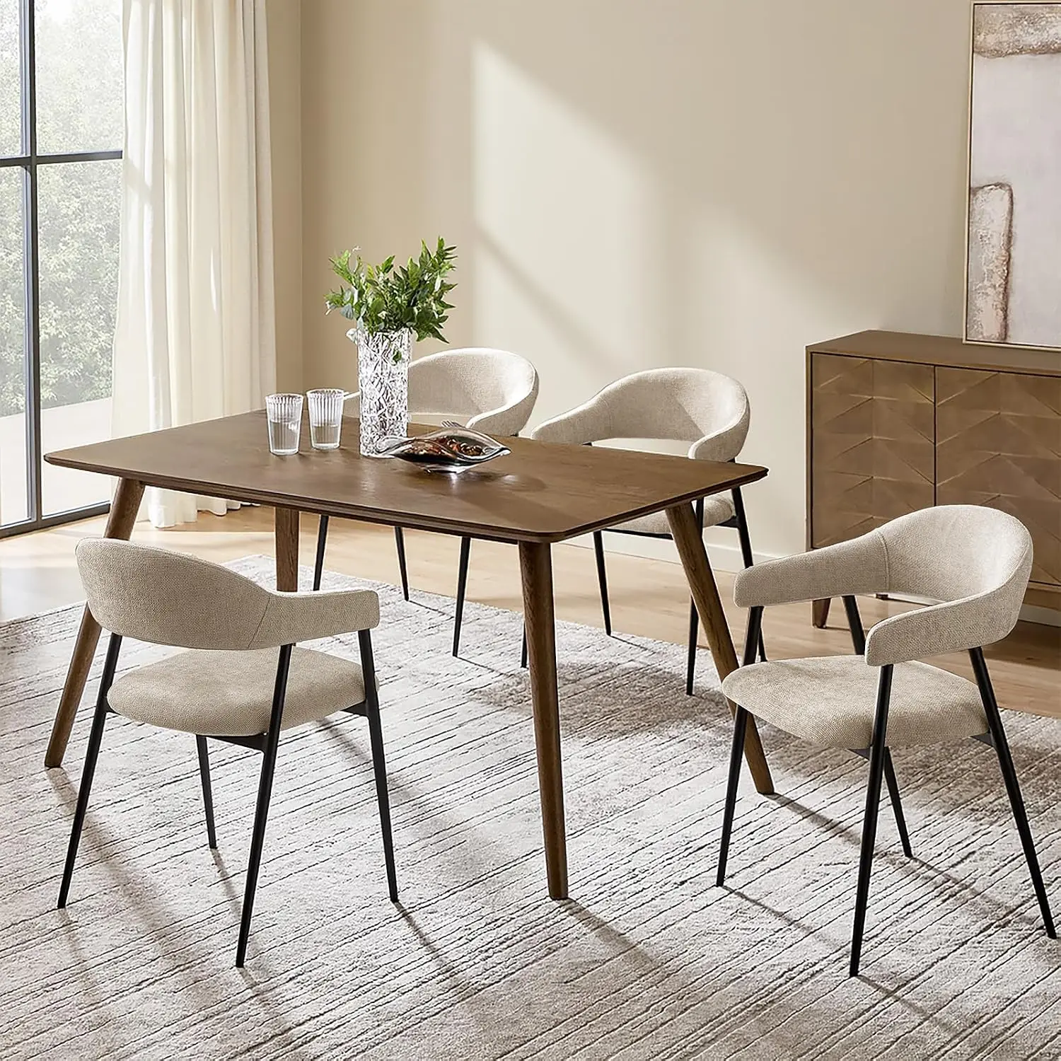 Mid-Century Modern Dining Chairs Set of 4, Fabric Upholstered Kitchen Chairs with Metal Legs, Armsrest, Curved Backrest Accent