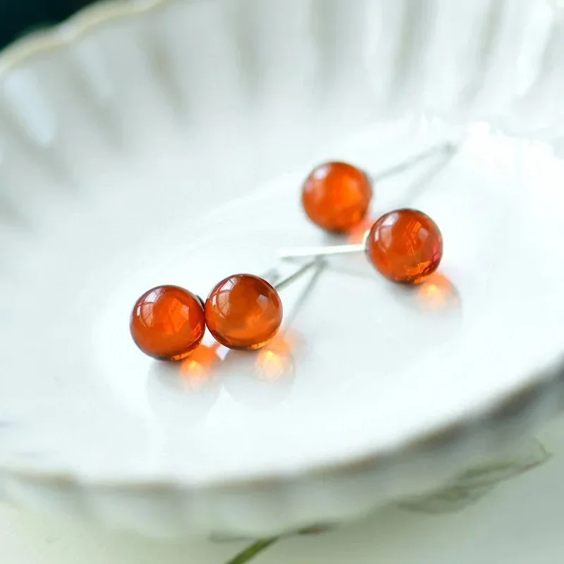 Natural Amber Ball Earrings Women Healing Gemstone Fine Jewelry 100% Genuine Baltic Red Blood Amber Round Bead Earring Ear Studs