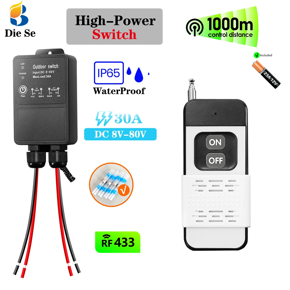 433MHz High Power Switch IP65 WaterProof RF Wireless Remote Control Switch Transmit 1000M DC 12V 24V 36V for Water Pump Lamp Fan
