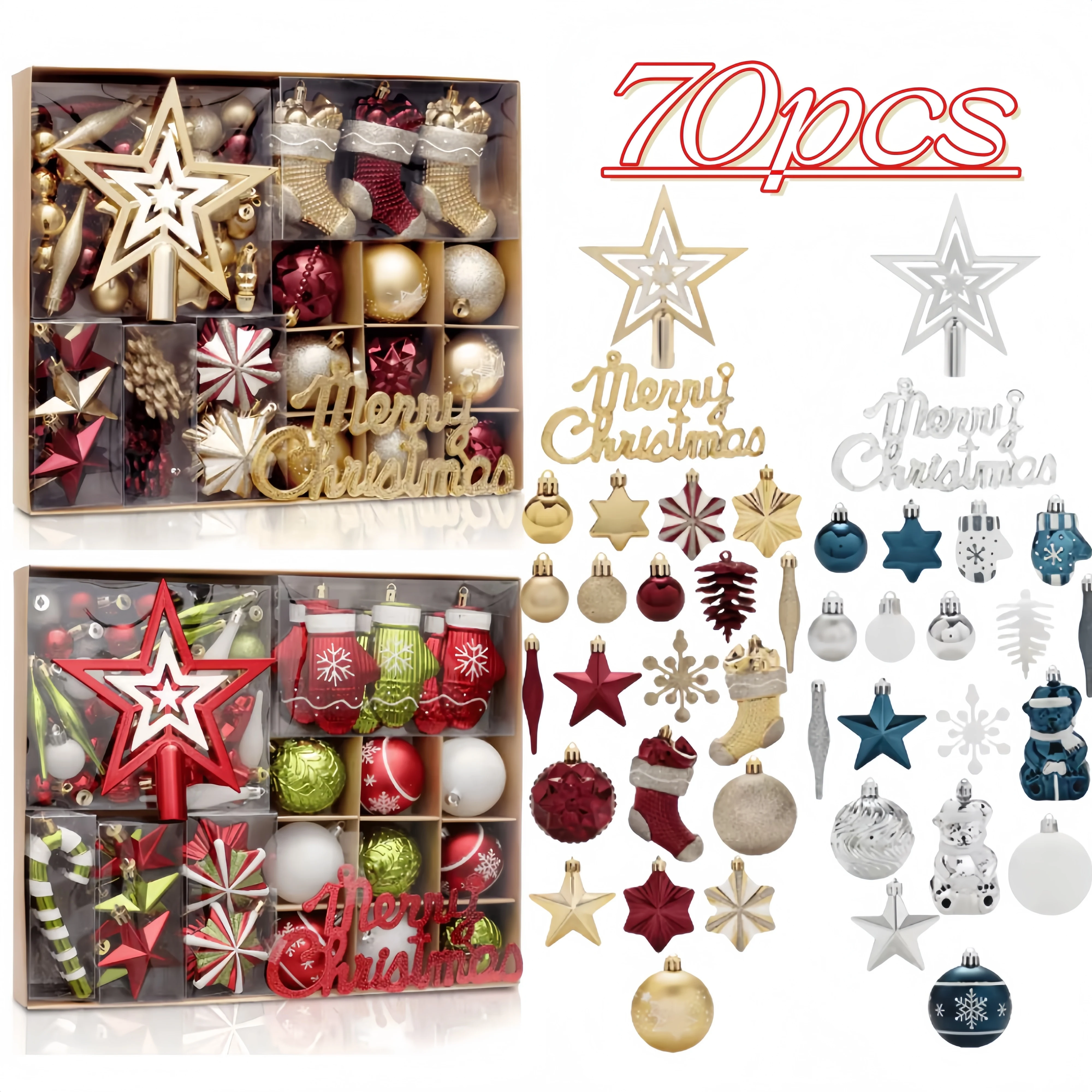 

70 шт., набор рождественских шаров разных размеров, звезды, носки, скипетр, круглый рождественский шар, елка Санта-Клауса, украшения «сделай сам», 2025, Новый год, рождественские подарки, декор