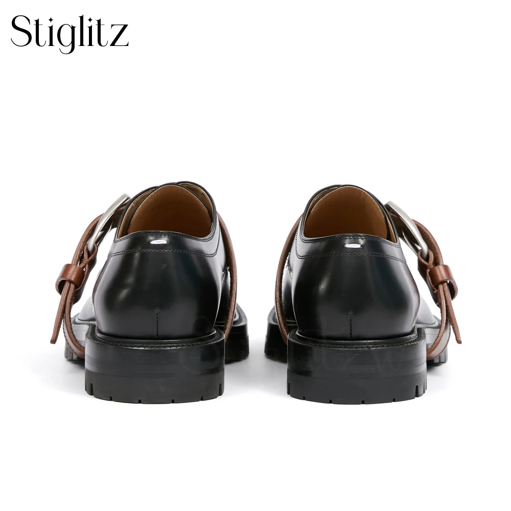 Brown Belt Buckle Tabi Loafers Black Leather Split Square Toe Loafers for Men Punk Style Handmade Lace up Genuine Leather Shoes