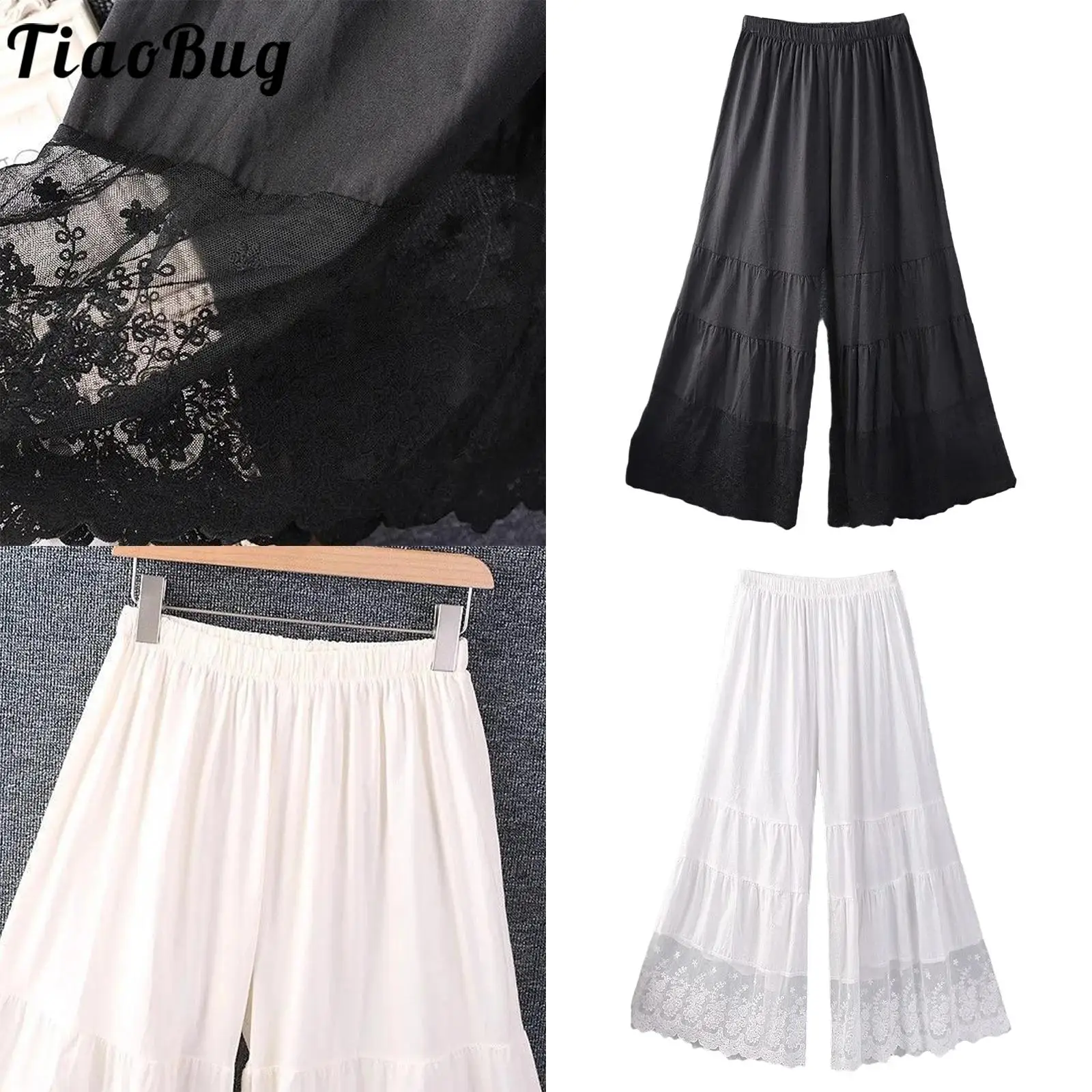 

Women Solid Color Wide Leg Pants Daily Casual Floral Lace Trim Elastic Waistband Loose Cropped Pants Underpants for Cheongsam