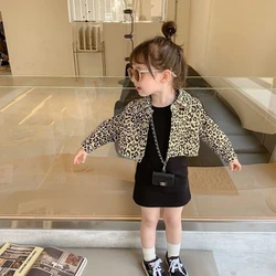 Girls Leopard Print Sets Children Clothing 2024 Korean Spring and Autumn New Long Sleeve Coat Solid Knit Dress Two-piece Set