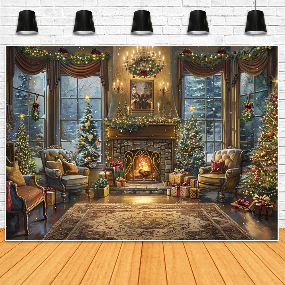 Mocsicka Christmas Family Portrait Photo Background Fireplace Xmas Tree Garland Indoor Festival Photography Backdrop Shoot Props