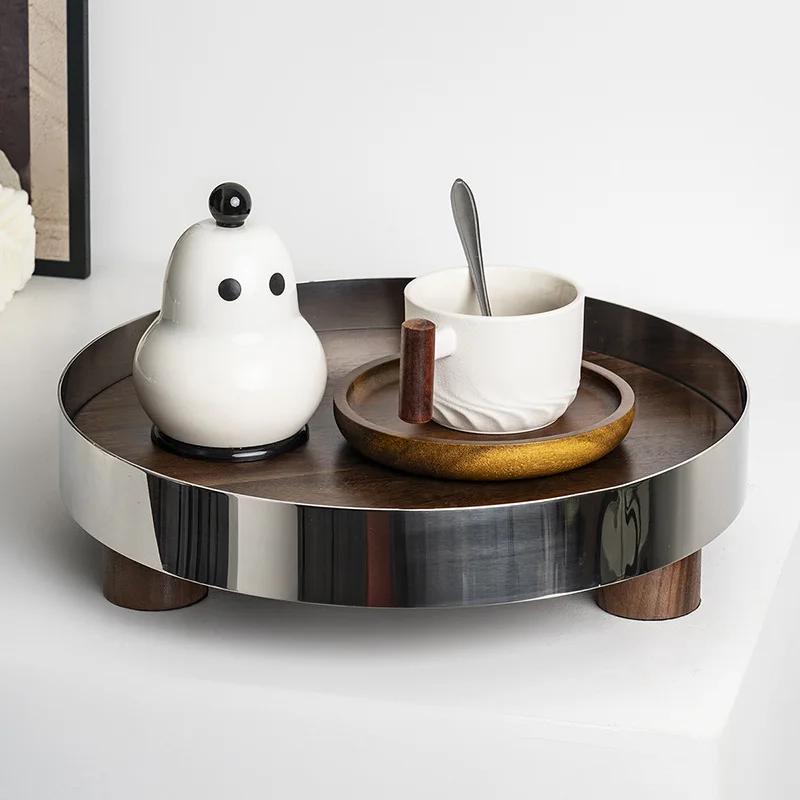 Light luxury stainless steel ornament round storage tray desktop jewelry storage tray model house decoration tray