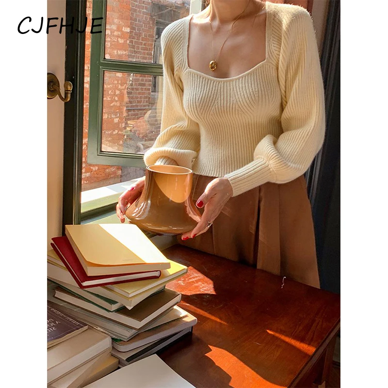 CJFHJE Vintage Square Neck Sweaters Women Elegant Red Knitted Pullovers Korean Slim Black Knitwear Streetwear All Match Jumpers