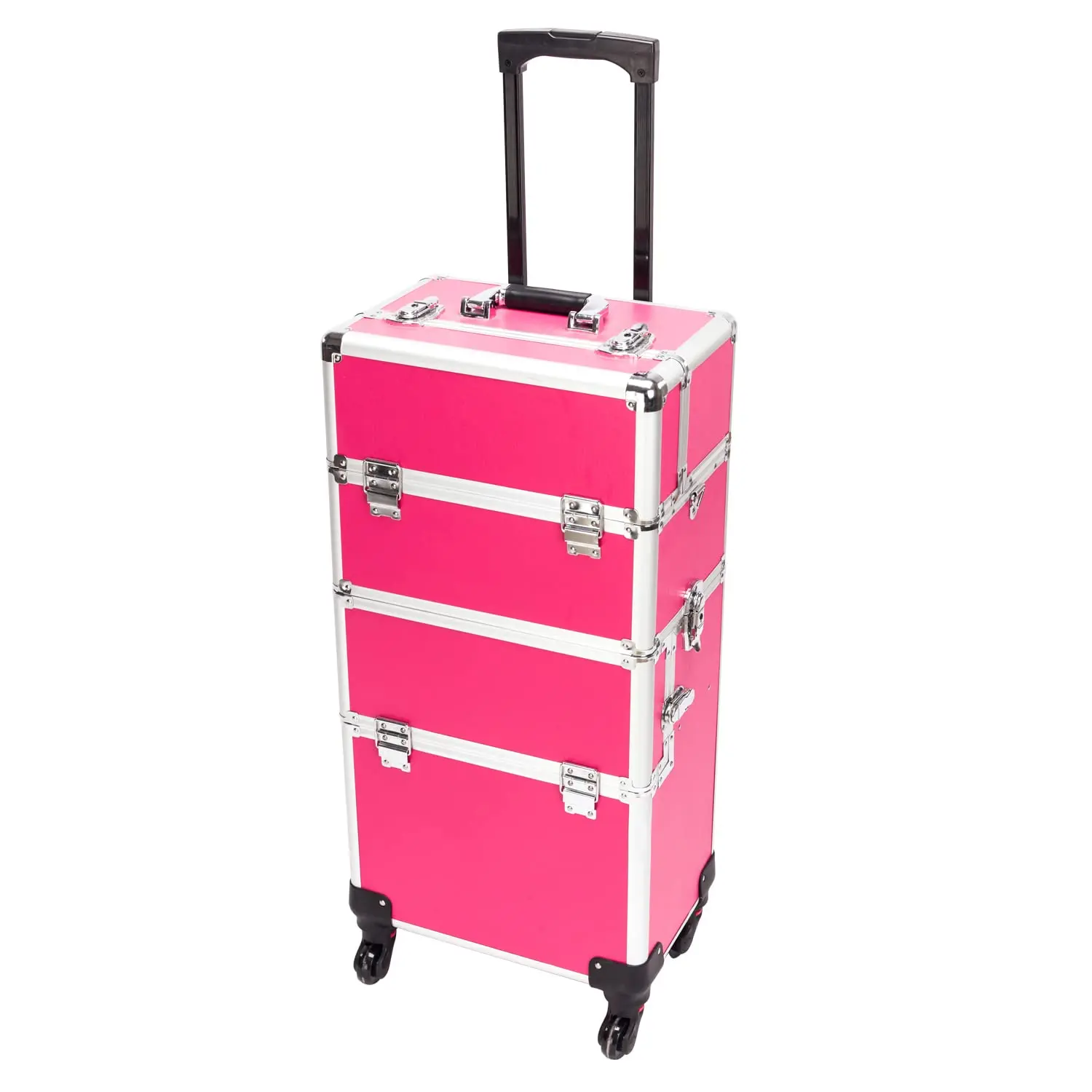 

3-in-1 Rolling Makeup Train Case with Aluminum Frame, Removable Wheels, and Lockable Design in Rose-Pink