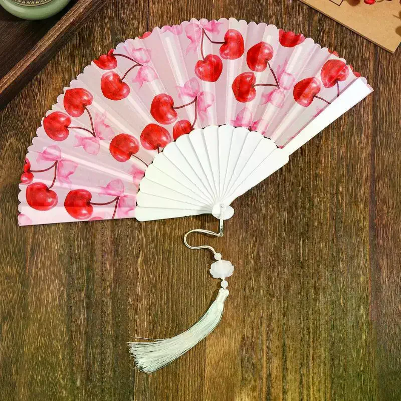 Folding Hand Fan Summer Cherry Lemon Fruit Pattern Portable Plastic Frame Fabric Tassel Cooling Fan For Home Women