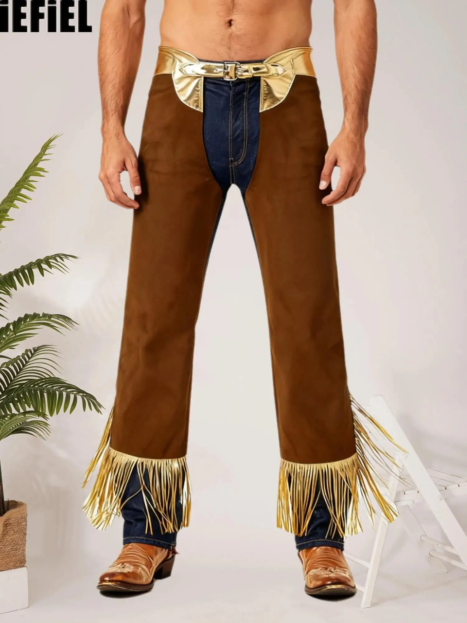 

Men Western Cowboy Chaps Open Crotch Fringe Trousers Cowboy Pants Metallic Patchwork Long Pants Halloween Themed Parties Costume