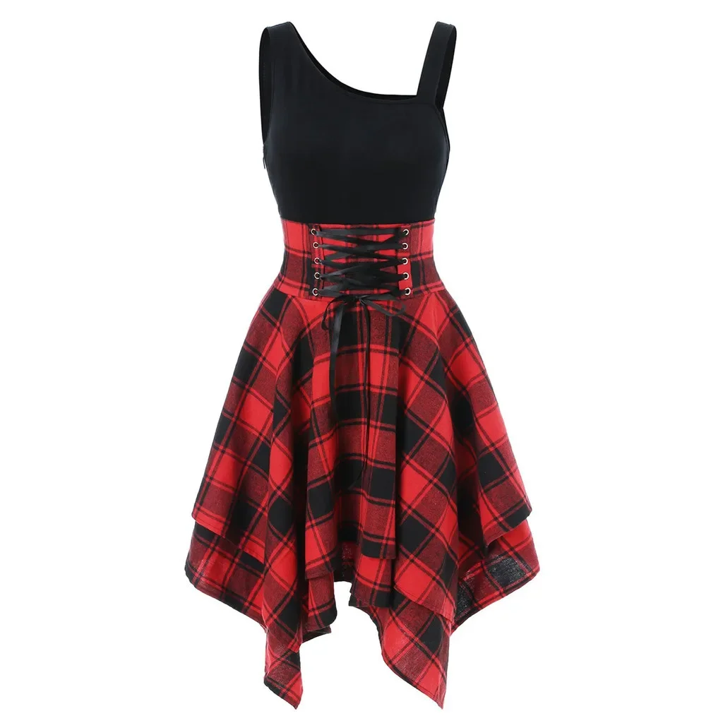 

2025 Summer New Fashion Women Sleeveless Dress Cold Shoulder Cross Plaid Print Irregular Female Vestidos