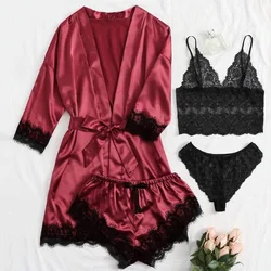 Women' Silk Satin Pajamas Set 4pcs Lingerie Lace Sleepwear With Robe Nightgown Long Sexy night-robe V-neck Nightdress Suit