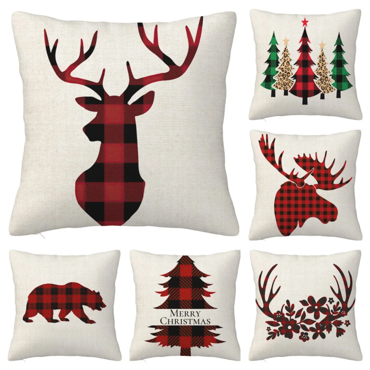 

Christmas Decoration Red Faro Check Elk Pillowcase Home Decoration Living Room Sofa Cushion Cover 50*50 Decorative Pillowcase