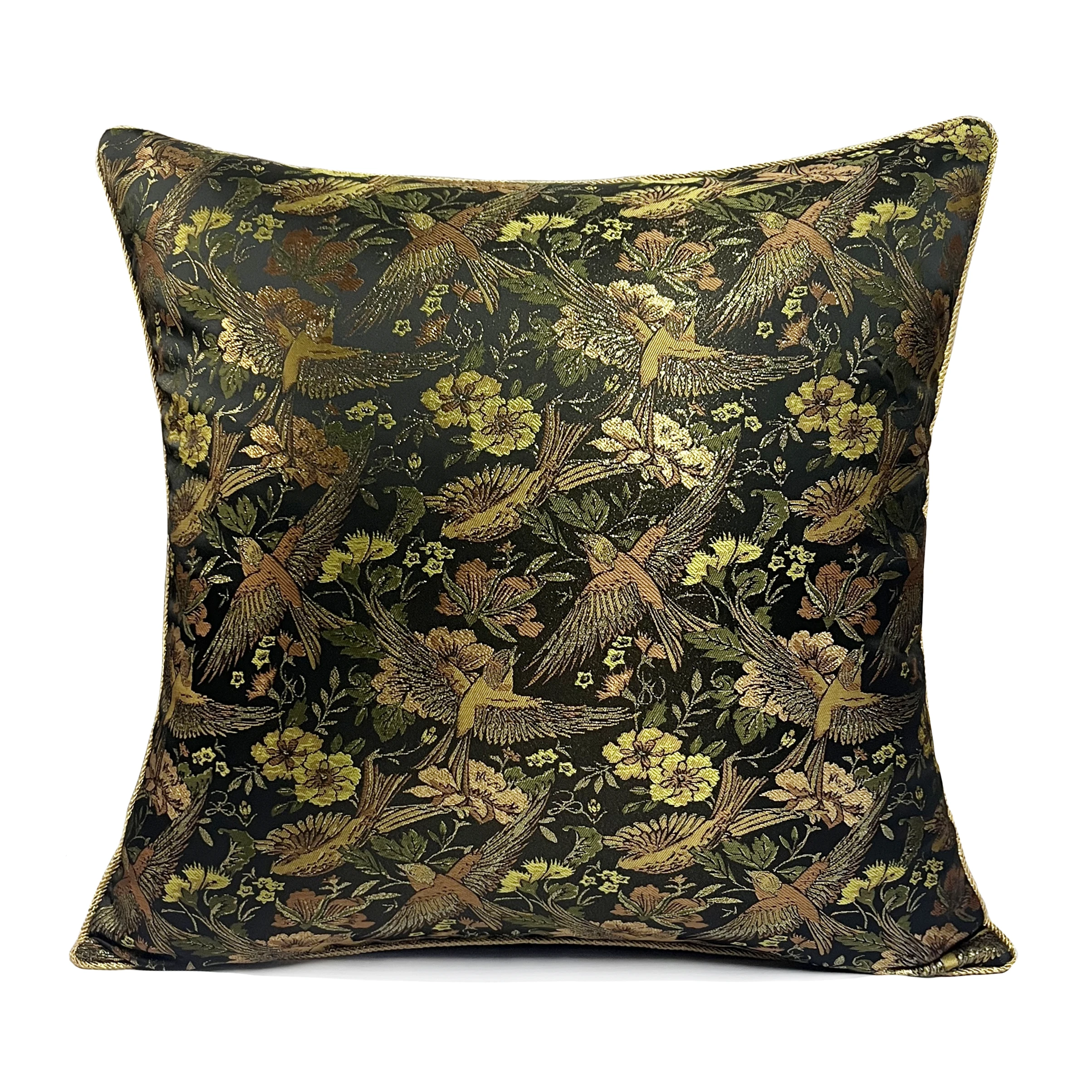 Luxurious Chinese Style Black Woven Gold Birds Flowers Square Pillow Cover 45x45cm Sofa Chair Cushion Cover 1 Piece Pack