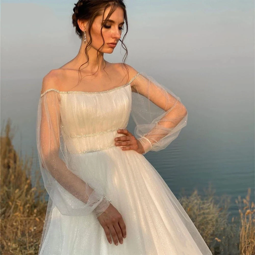 

2023 Tulle A-Line Dreamy Princess Wedding Dress Robe De Mariée Long Lantern Sleeve Sheer O-Neck Bride Gowns Vestidos De Novia