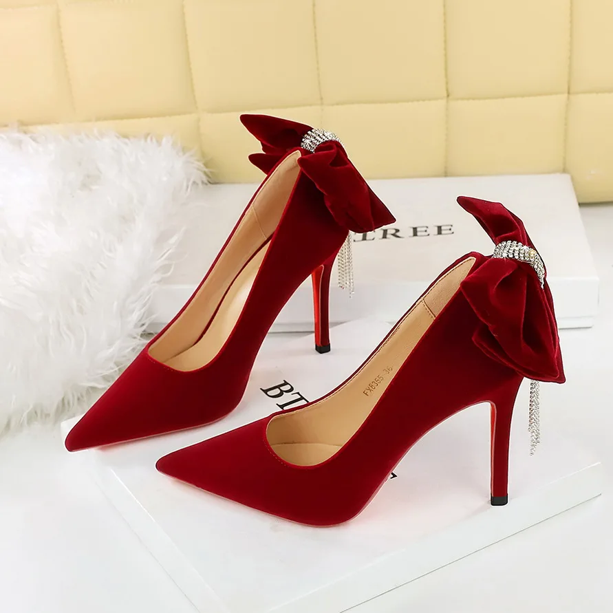 

BIGTREE Shoes Bowknot Women Pumps Stiletto High Heels Suede Women Shoes Fashion Wedding Shoes Designer New Pointed Women Heels