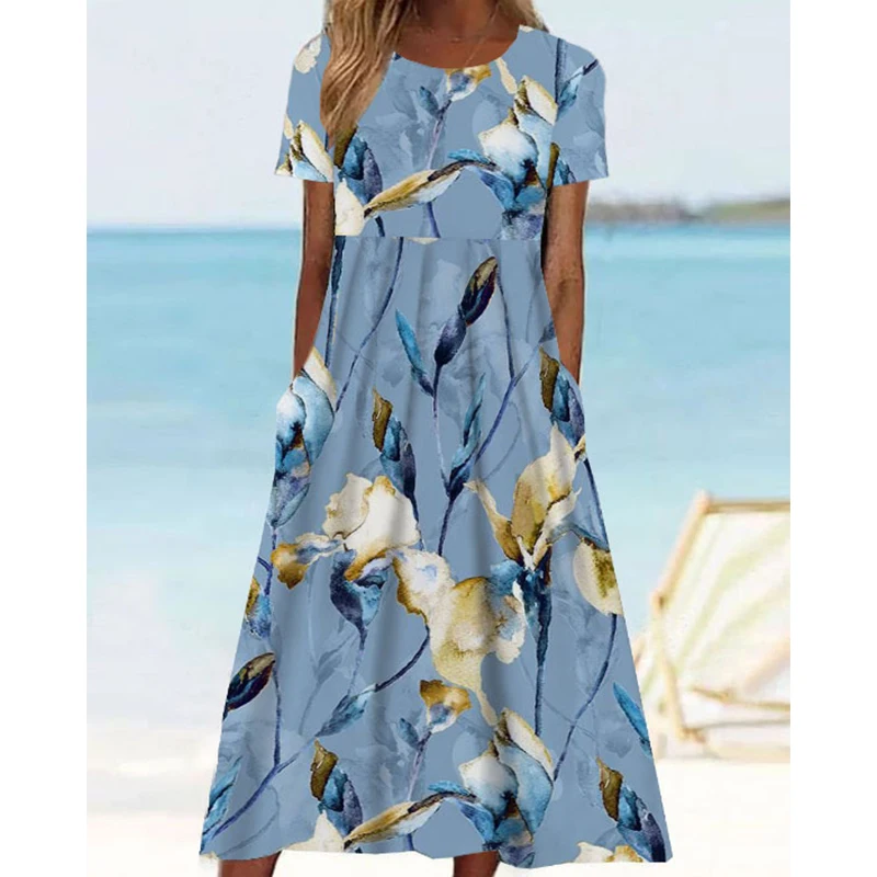 Abito lungo estivo da donna vintage casual girocollo manica corta stampato abito estivo da spiaggia abiti maxi con stampa floreale casual Vestido