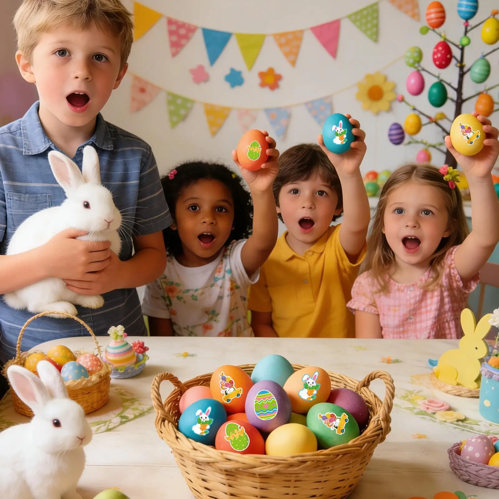 Easter Sticker Roll 500 Pieces Bunny Egg Decals 8 Designs Waterproof Easter Egg Stickers Roll For Envelope Card Notebook