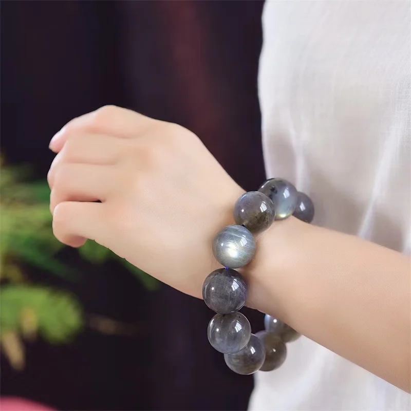 20MM Natural Labradorite Moon Stone Bracelet Women Fashion Red Crystal Round Beads Lovers Strand Bangles Jewelry 1pcs