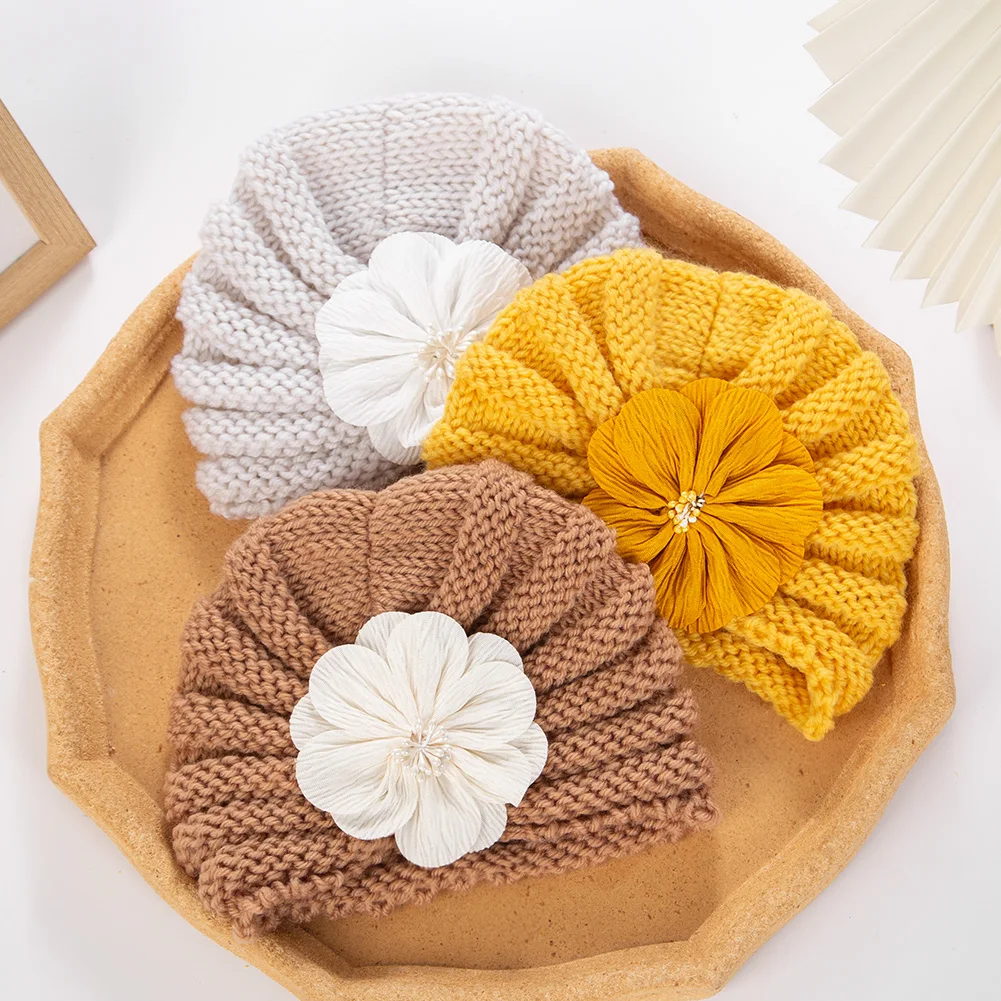 Big Flower Knitted India Caps Hats Crochet Newborn Beanies Winter Infant 0-3T Bonnets Boys Girls Headwraps Photography Props