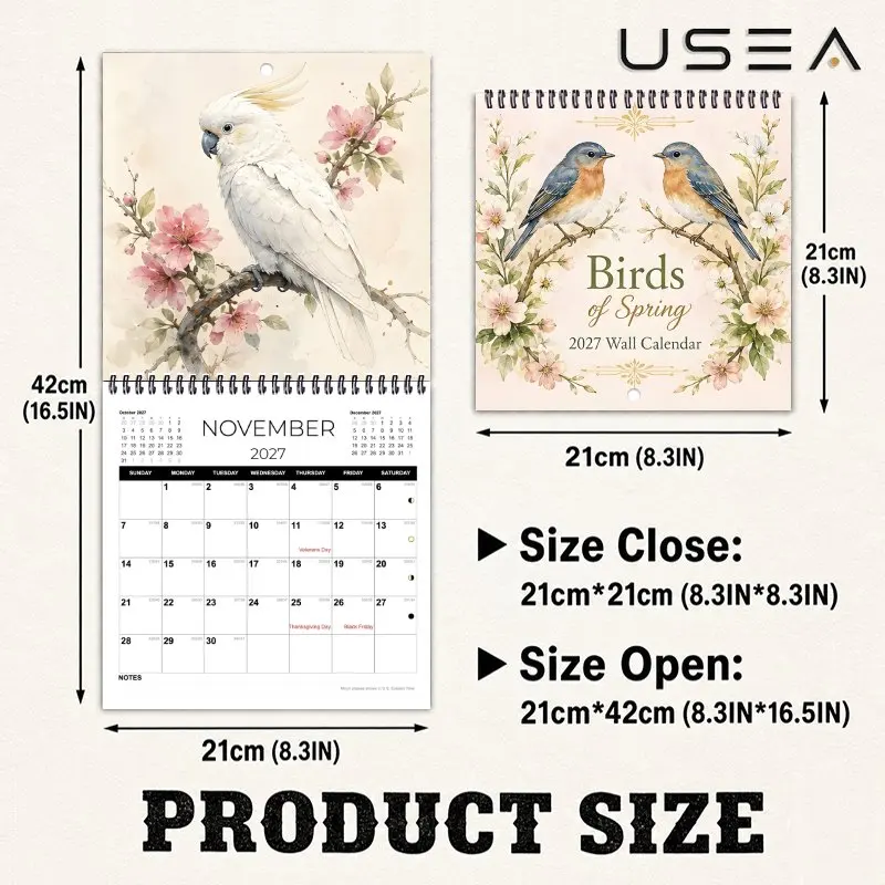 2027Birds Spring Wall Calendar,Twin Wire Spiral Square Calendar,With Large Writable Blocks,Floral Print Boho Farmhouse Decor
