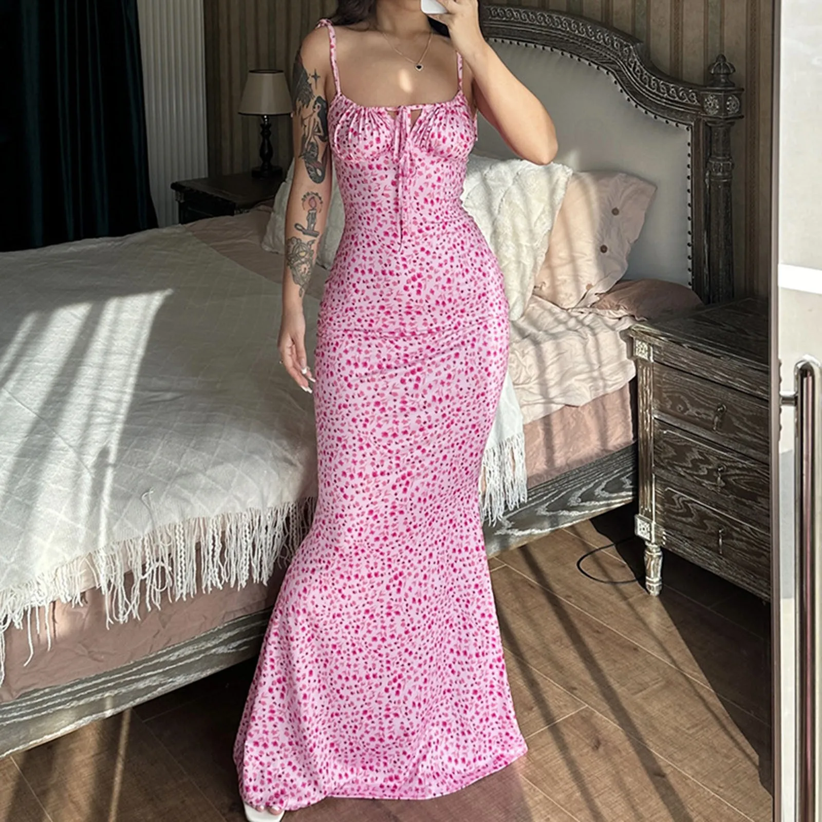 

Pink Floral Summer Dresses For Women Boho Sleeveless Sundresses Spaghetti Strap Slim Waist Maxi Dress Club Club Evening Vestidos