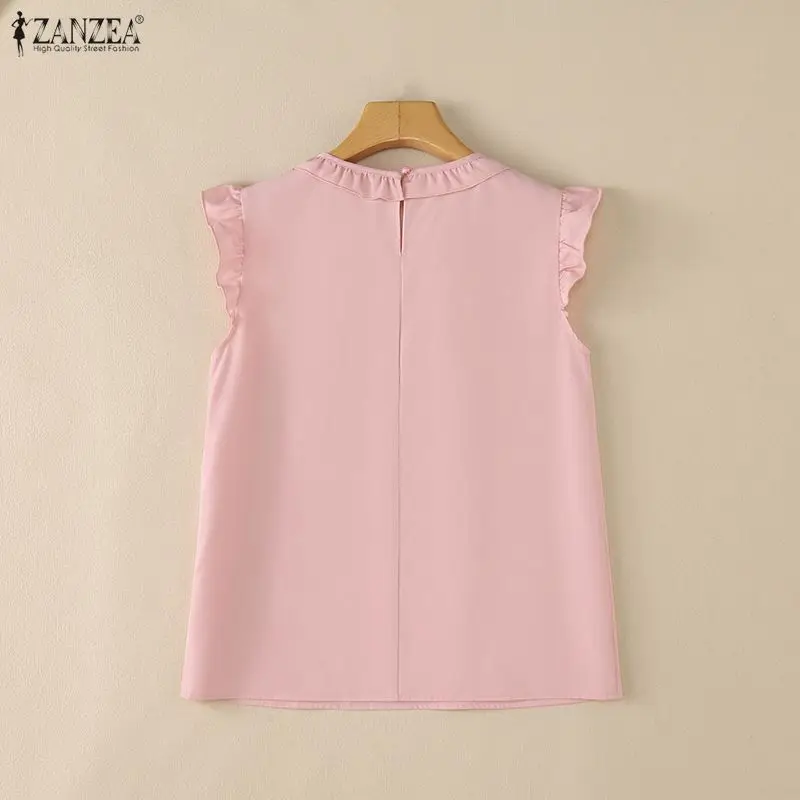 Women 2026 Summer Elegant Ruffles Trim Blouses O-Neck Cap Sleeves Solid Color Regular-fit Tops ZANZEA Lightweight Day Wear Blusa