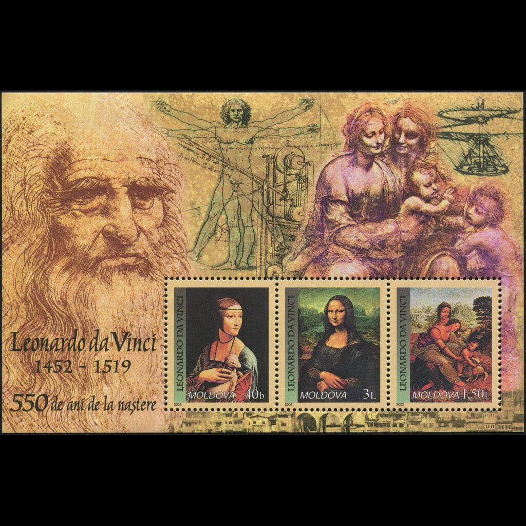 Sellos postales de Moldavia Y2002 Da Vinci pintura artística Mona Lisa 1 hoja 3 todos los nuevos sellos postales coleccionables Material para álbum de recortes