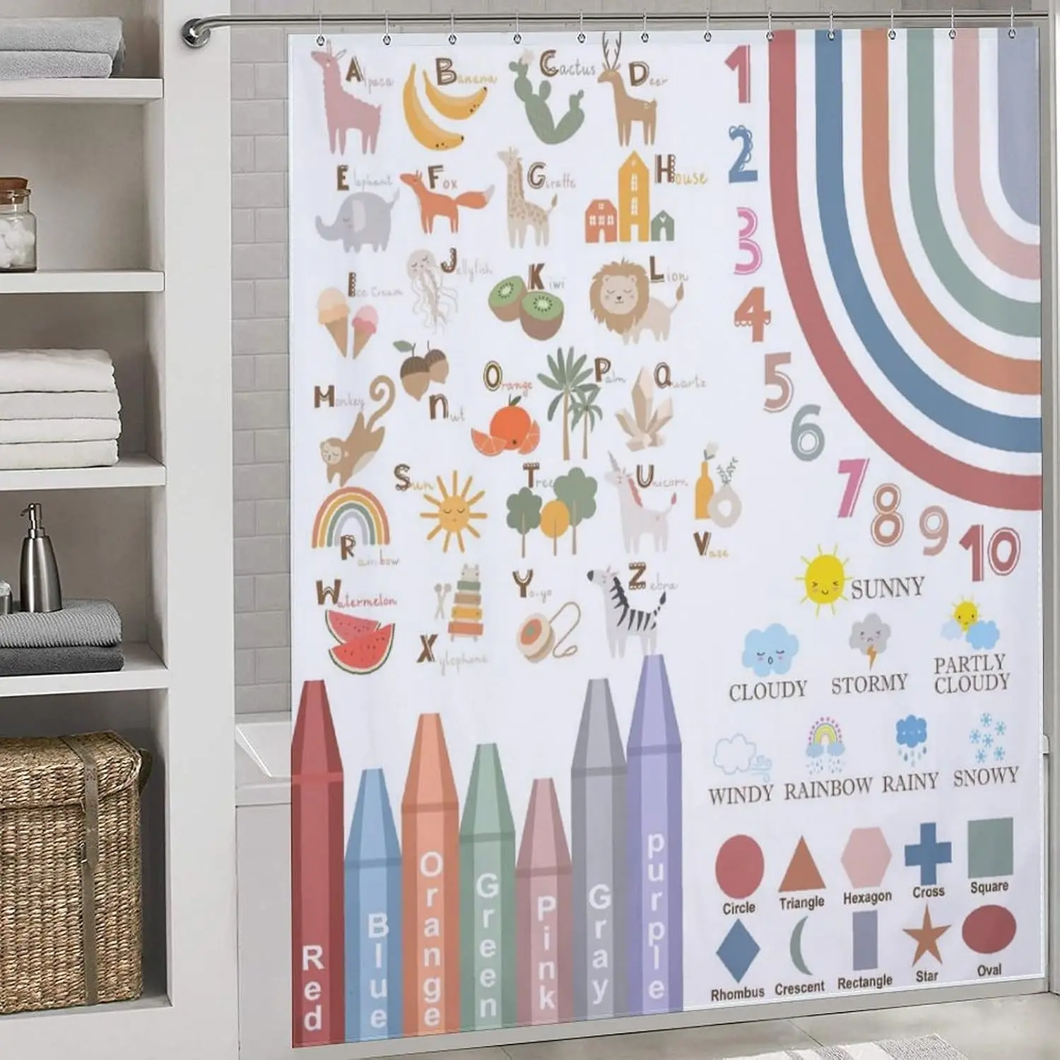 Kids Educational Shower Curtain, Alphabet Number Shape Weather Animal Crayon Boho Learning Chart Waterproof Bath Curtain Decor