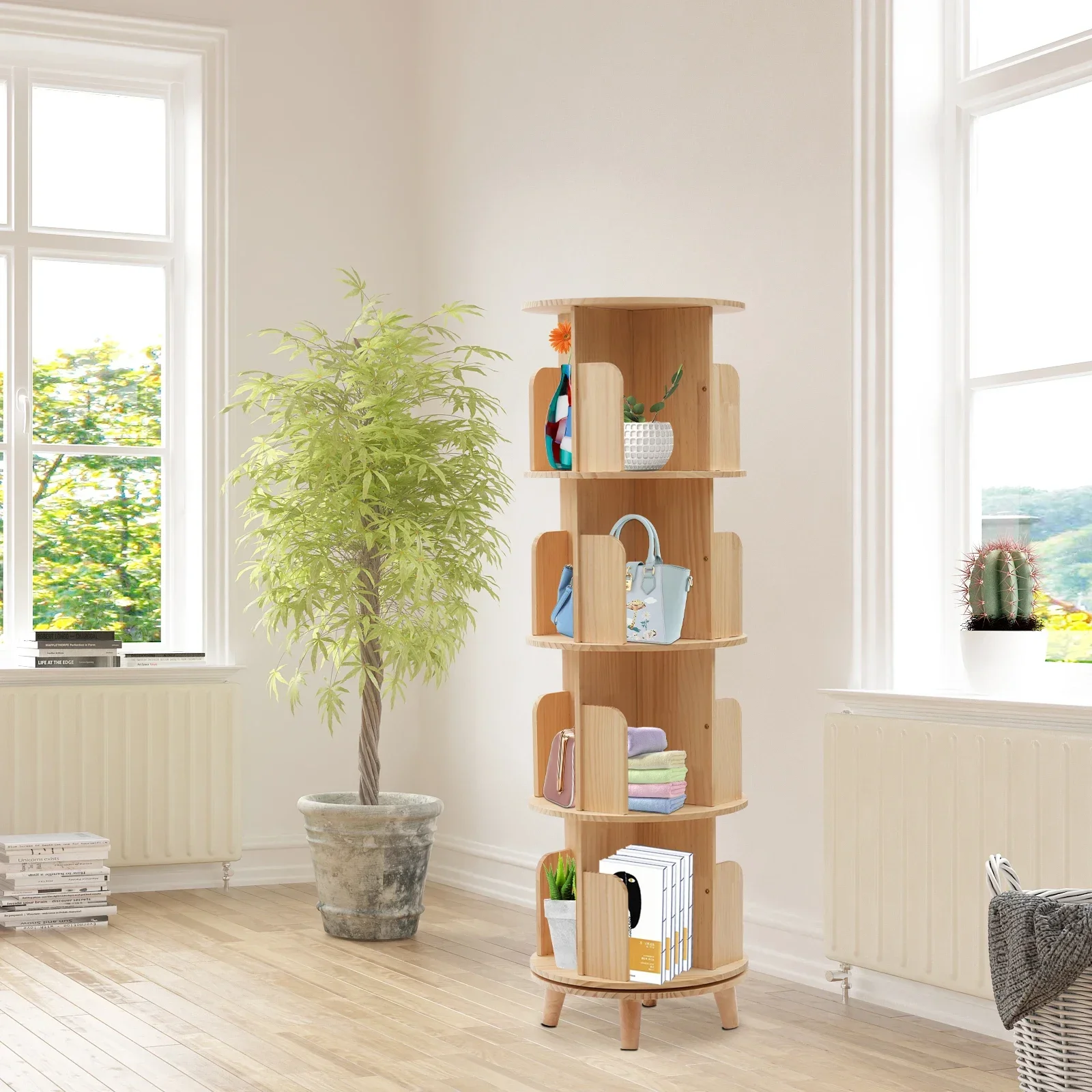 1/4 Tier 360° Degree Rotating Swivel Bookshelf Display Shelf Pine Wood Bookshelf Tier Rotating Bookshelf Wooden Book Rack Plan